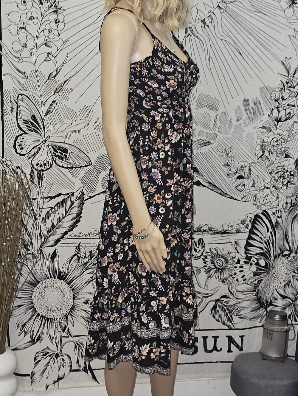 Angie Small Floral Black Midi Dress with Thin Straps